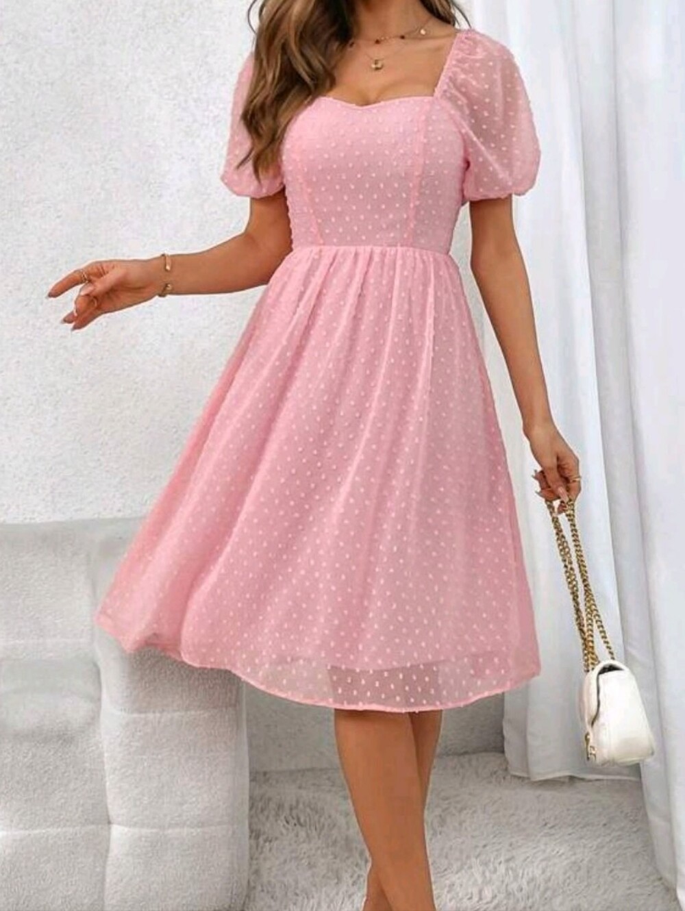Sweetheart Neckline Pink Swiss Dot Midi Dress - Picture 3 of 7